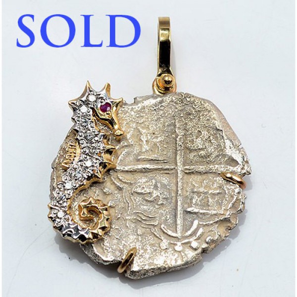  AUTHENTIC  ATOCHA 2 REALES GRADE II COIN in 14KT GOLD DIAMOND SEAHORSE  PENDANT